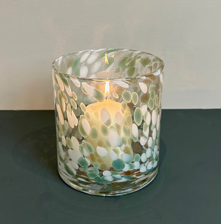 Green and White Glass Candle Holder - Speckled