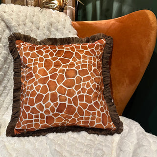Burnt Orange Giraffe Print Velvet cushion with Fringe