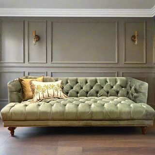 Sage Green Velvet Studded Sofa in the Margo & Plum showroom