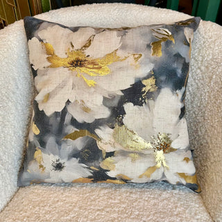 White, Grey and Gold Floral Cushion