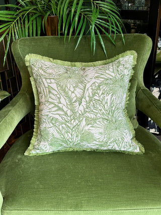 Green and White Linen Cushion with Fringing