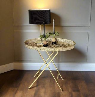 Gold Folding Table with Oval Patterned Top