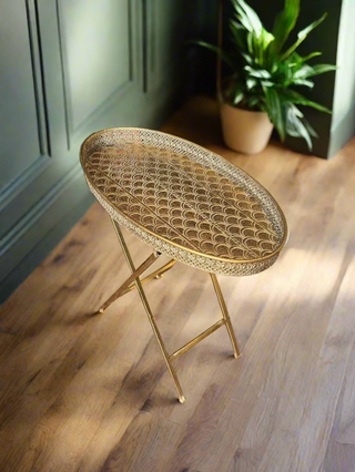 Gold Folding Table with Oval Patterned Top