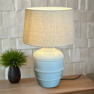 White Ceramic Beaded Table lamp with Linen Shade