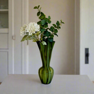 Green Glass Fluted Vase with Stripes