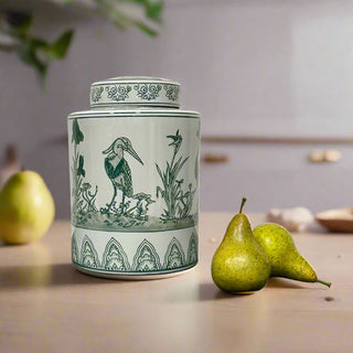 Green and White  Birds Pattern Lidded Jar