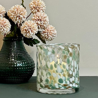 Green and White Glass Candle Holder - Speckled