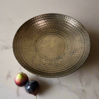 Bronze Hammered Metal Bowl on Pedestal.