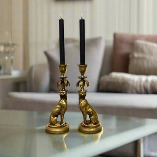 Pair of Leopard Candle Holders with an Antique Gold Finish