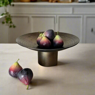 Bronze Hammered Metal Bowl on Pedestal.