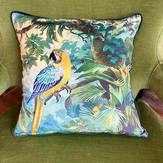 Green and Blue Parrot and Jungle Velvet Cushion