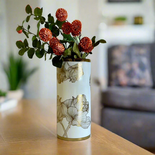 White and Gold Floral Ceramic Vase.