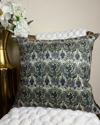 Moss Green and Floral Velvet Cushion