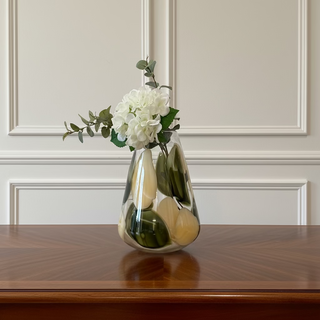 Green and Cream Patterned Glass Vase.